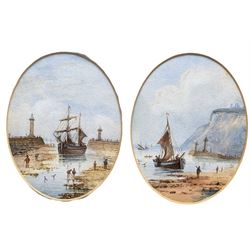 EHC (British late 19th century): Whitby Lighthouses and Abbey, pair oval watercolours signed with initials 13 x 10cm (2)