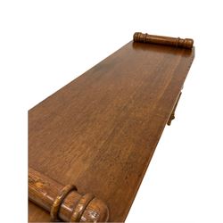 Victorian style oak window seat, the box seat with turned ends raised on turned supports L94cm