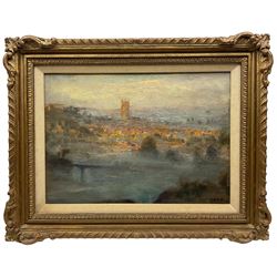 Herbert F Royle (British 1870-1958): 'Ludlow Bridge' with Cityscape at Dusk, oil on panel signed, titled verso 24cm x 34cm