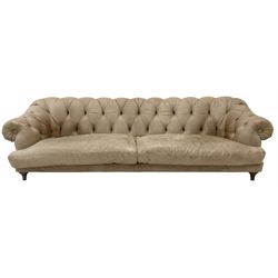 Loaf - Large three seat 'Bagsie' chesterfield style sofa, upholstered in 'scratched satchel' tan leather, raised on pale oak turned feet