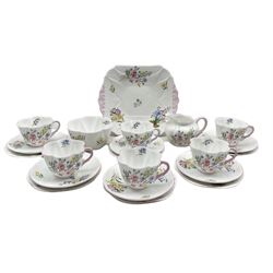Shelley Wild Flowers pattern tea set comprising six cups and saucers, six plates, milk jug, sugar bowl and bread and butter plate No.13668