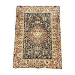 Persian rug with one central medallion, blue field and ivory and red foliate border 146cm x 210cm