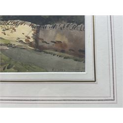 Frederick (Fred) Cecil Jones (British 1891-1966): Windswept Landscape with Figure, watercolour signed 27cm x 36cm; and 'Distant View of York Minster', etching signed titled and dated 1940, 17cm x 25cm (2)
