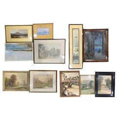 S Miller (British 20th century): Moorland Landscape with Heather, gouache signed; W Clegg (British 20th century): Coastal Landscape, oil on board signed; H Nelson (British 20th century): Sailboat in Calm Seas, gouache signed, watercolour of York Minster max 25cm x 40cm, Japanese woodblock prints, K Downey (British 20th century): 'Tadcaster', oil on board signed verso, Henry Hilton (British fl.1879-1888): Highland Beck, watercolour signed etc (11)

spoke 18/05 - can dispose