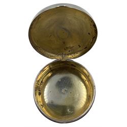 Early 20th century silver and guilloche enamel pill box by Meyle & Mayer, with Russian import marks beneath, the gilt interior stamped 935 with Dragonfly trademark, D5.5cm