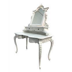 French style white serpentine dressing table, the swing mirror with arched and floral moulded pediment over two trinket drawers, two further drawers to base, raised on cabriole supports W120cm together with a matching upholstered chair 