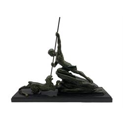After Rene Varnier: Spelter model of man fighting with panther with spear in hand, mounted on black lacquered stone base L77.5cm 