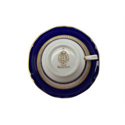 Comprehensive Royal Worcester Regency cobalt blue dinner service for twelve comprising teapot, twelve cups & saucers, milk jug, sugar bowl, coffee pot, twelve coffee cups & saucers, twelve tea plates, twelve side plates, eighteen dinner plates, twelve soup bowls, two serving dishes, pair of tureens, pair of graduated oval platters, pair of sauceboats and stands and two dishes