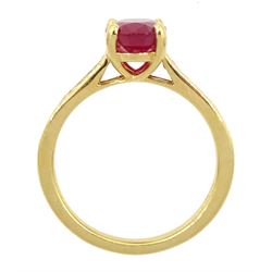 18ct gold oval ruby ring, with round brilliant cut diamond shoulders, hallmarked, ruby approx 2.35 carat
