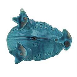 Burmantofts Faience turquoise-glaze spoon warmer modelled as a grotesque three-legged toad, inset glass eyes, with impressed factory marks beneath, model no. 585, H17.5cm x L21cm approx. 