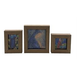 Three Limoges enamelled pictures of Madonna, signed and dated 1962, St Christopher and another, 10cm x 12cm max