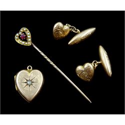 Pair of 9ct rose gold heart shaped cufflinks, Chester 1911, 9ct rose gold heart shaped locket and a 15ct gold stone heart shaped stick pin, stamped or hallmarked
