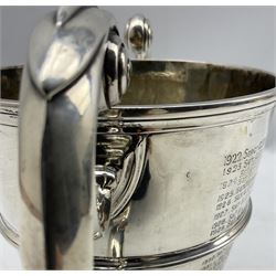Silver two handled challenge cup 'Cleckheaton E Company Trophy' Duke of Wellington's Regiment presented by J G Mowat H20cm marks rubbed but makers mark for Charles Stuart Harris 32oz