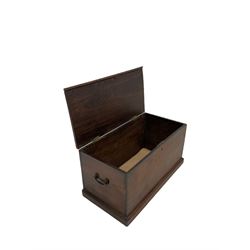 Mahogany blanket box, the hinged lifting lid over base fitted with two side handles, raised on a plinth base