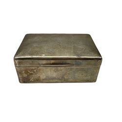 Silver rectangular cigarette box with hinged lid and inscription W14cm Maker Garrard & Co