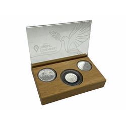 Royal Dutch Mint 'Europe Remembers' silver three coin set, comprised of Royal Canadian Mint 2020 one dollar '75th Anniversary of V-E Day', The Royal Mint 2020 one pound '75th Anniversary of VE Day' and Royal Dutch Mint 2020 five euros '75 Years of Freedom', cased with certificate