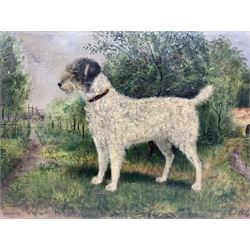 English Naïve School (early 20th century): Portrait of a Terrier in Garden, oil on canvas signed A E White and dated 1917, 43cm x 56cm (unframed)