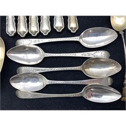 Five early 19th century engraved silver teaspoons, cased set of six silver bead knop coffee spoons Birmingham 1931, Victorian silver fiddle pattern table spoon, six silver coffee spoons Birmingham 1931, Art Deco teaspoon by Hukin & Heath Birmingham 1935 and other cutlery weighable silver approx 8oz