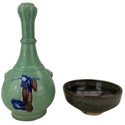 Chinese celadon ground garlic neck vase, the pear-shaped body painted with two immortals in underglaze blue and red and twin moulded mask handles, H28.5cm together with a Chinese glazed bowl, with unglazed foot, impressed seal beneath D15cm (2)