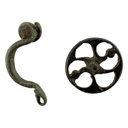 Iron Age copper alloy Triskele fob pendant, circular with openwork Celtic spiral design, central indent and two pellet knops, circa 150 BC - 100 AD; Iron Age copper alloy La Tene I or III arched bow brooch, complete with looped finial and coil, circa 400-100 BC (2)