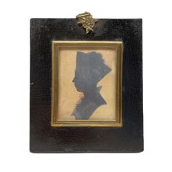 19th century silhouette head and shoulders portrait of a lady 7.5 x 6cm in ebonised frame