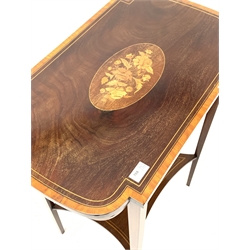 Edwardian mahogany occasional table. The top inlaid with floral marquetry, satinwood crossband and string inlay, raised on square tapered supports united by under tier. W64cm.  