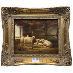 After Louis Robbe (1806-1887): 'Sheep in a Barn', oil on panel indistinctly signed together with Continental School (20th Century): Chickens Feeding, oil on panel signed 'T Peel' max 19cm x 24cm (2)