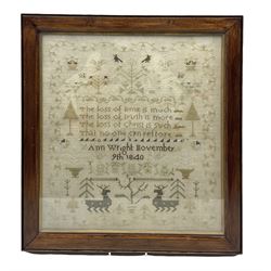 Victorian needlework sampler worked with a poem, pair of stags and foliage by Ann Wright, November 9th 1840, 44cm x 40cm 