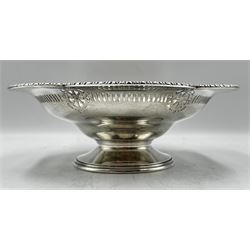 Silver circular pedestal fruit bowl with pierced border and egg and dart rim D21cm Birmingham 1927 Maker Barker Bros. 11.9oz
