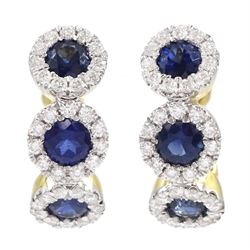 Pair of 18ct gold sapphire and diamond hoop earrings, three round cut sapphires, each with diamond surround, London 2018