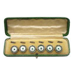 Set of six silver and gilt green paste and enamel and mother of pearl shirt studs, boxed