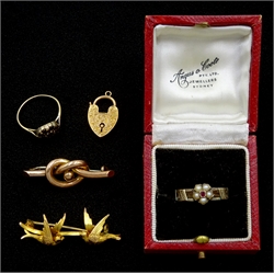 Victorian gold swallow brooch, Chester 1899, Victorian gold mourning seed pearl and plaited hair mourning ring, inscribed and dated 1869, gold garnet ring, brooch and locket, all 9ct