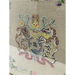 'Oakleafman' oak fire screen, with needlework panel for the coronation of Queen Elizabeth II 1953, carved with oakleaf signature, by David Langstaff of Easingwold, W51cm, H63cm