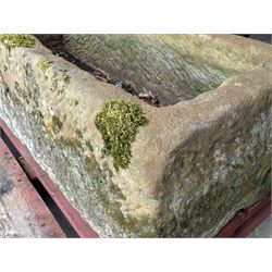Large 19th century tooled and weathered stone trough or planter, rectangular form with deeply hewn centre