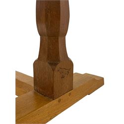 Eagleman - oak dining table, rectangular adzed oak top, twin octagonal pillar supports on sledge feet, united by floor stretcher, by Albert Jeffray of Sessay, Thirsk