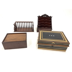 Victorian metal deed box, Victorian mahogany storage box with sliding cover, a carved mahogany book trough with spindle supports, and a Victorian style letter rack, 33cm