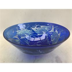 Julia Linstead (British 1966-): Hand blown cobalt blue glass bowl etched with fish amongst weed, signed D28cm