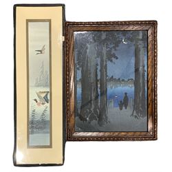 Japanese School (early 20th century): Moonlit Scene with Figures and Lake, colour wood block print together with Japanese School (early 20th century): Geese in Flight, colour wood block print max 28cm x 18cm (2)