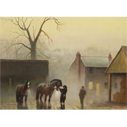 English School (20th century): Shire Horses in a Misty Village, oil on canvas indistinctly signed 45cm x 60cm