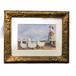 English School (20th century): Goose Girl, watercolour and pen unsigned 15cm x 23cm