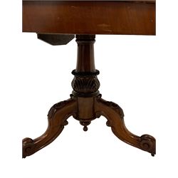 Late 19th century mahogany breakfast table, circular tilt-top with moulded edge raised on an acanthus carved baluster column with tripod base, the cabriole supports with cartouche and scrolling decoration; with set six late 19th century walnut dining chairs, the shaped cresting rail over 
 pierced splat with scrolled foliate carving and beaded details, stuffed seat upholstered in buttoned mint green fabric and studwork, raised on cabriole supports 