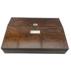Victorian rosewood table writing box with mother of pearl cartouche and escutcheon, fold out writing slope with pen tray etc W36cm. Provenance ;: From the estate of the late Dowager Lady St Oswald