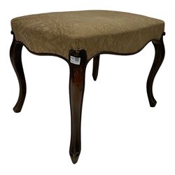 Victorian stool, top upholstered in ivory fabric, raised on cabriole supports
