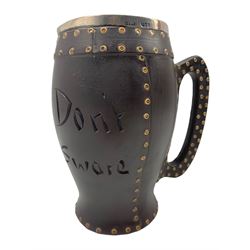 Late Victorian Doulton Lambeth replica Black Jack pitcher, with silver rim, simulated riveting and motto 'Drinke Faire Don't Sware', hallmarked Cornelius Desormeaux Saunders & James Francis Hollings (Frank) Shepherd, Birmingham 1894 H21cm 