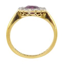 Early 20th century oval cut unheated Thai ruby and old cut diamond cluster ring, stamped, ruby approx 1.30 carat