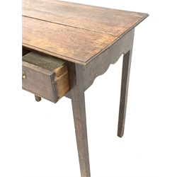 George III oak side table, mahogany crossbanded top and two drawers, raised on square chamfered supports 