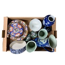 Quantity of Imari plates together with three blue and white Chinese jugs, Chinese prunus vase and other blue and white ceramics 