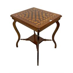 Late 19th century walnut centre table, moulded rectangular top with rounded corners inlaid with geometric parquetry, on serpentine supports joined by under-tier 