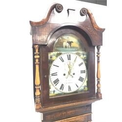 19th century oak and mahogany banded longcase clock, swan neck pediment over arched hood and turned pilasters, white enamel dial with Roman chapter ring, subsidiary seconds ring and date aperture, eight day movement striking hours on bell 