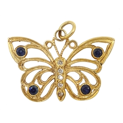 9ct gold sapphire and diamond open work butterfly pendant, hallmarked